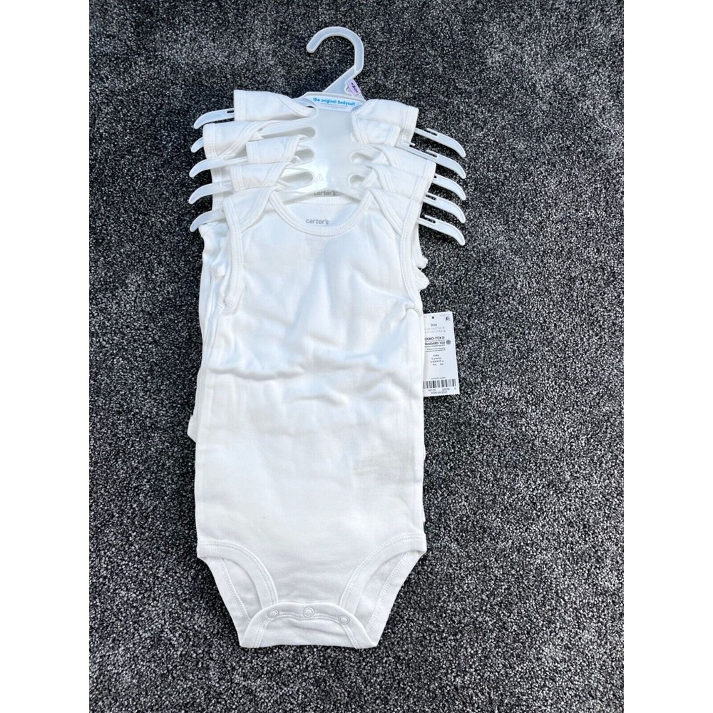 Carters Baby 5-Pack White Bodysuits 9M Expandable Shoulders OEKO-TEX Certified